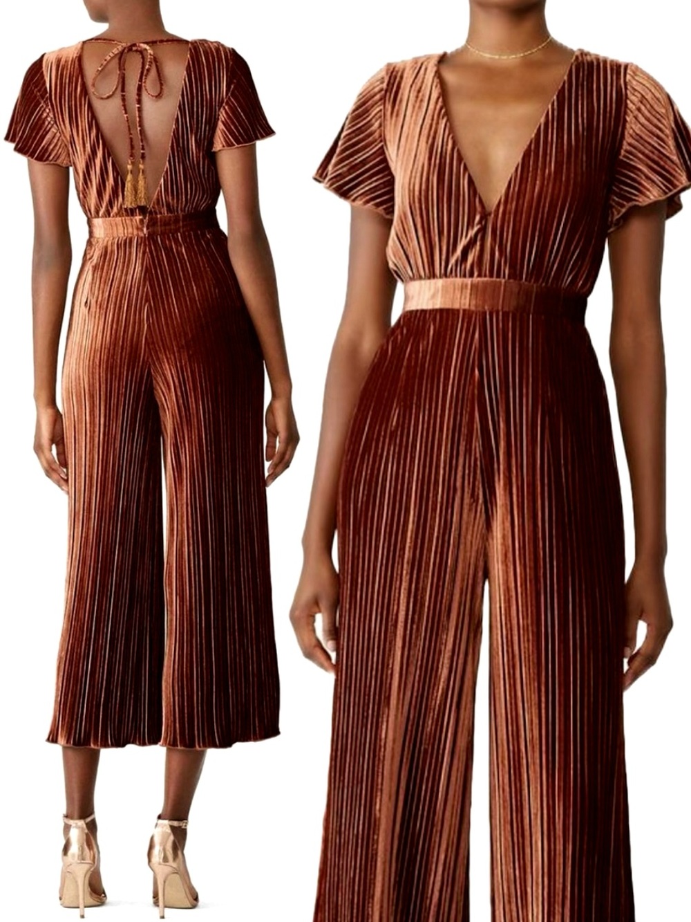 MINKPINK Lex Pleated Velvet Jumpsuit Size Small Brown Cropped Wide Leg Tie Back